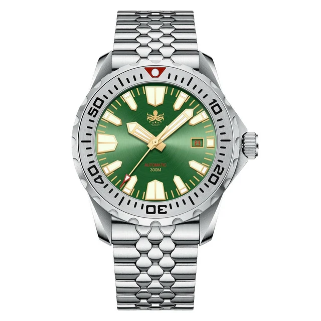 Phoibos Kraken 300 Meter Automatic Dive Watch with Sunray Green Dial #PY033A kol saati