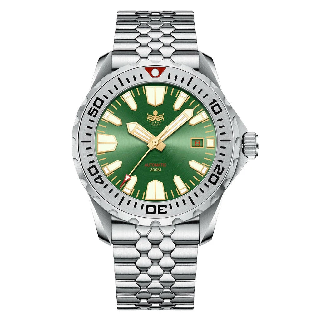 Phoibos Kraken 300 Meter Automatic Dive Watch with Sunray Green Dial #PY033A 41 mm kol saati