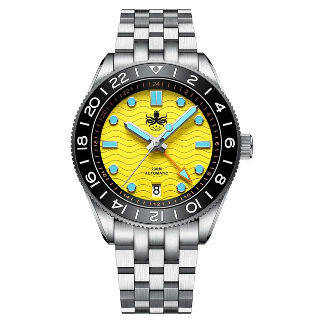 Phoibos Wave Master GMT Automatic Watch with Yellow Dial #PY049F kol saati