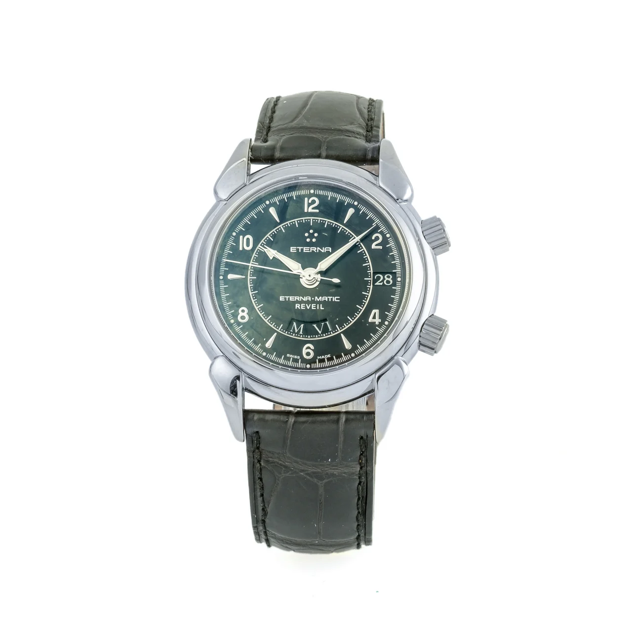 Eterna Watch Ref. 8510.41, self-winding, centre-seconds, date, day, alarm, black dial; “Eterna·Matic” “Les Historiques 1948”; stainless steel; “ ” kol saati
