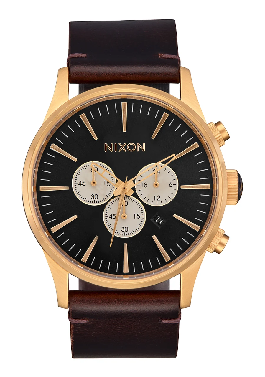 Nixon US Sentry Chrono Leather - Gold / Indigo / Brown A1391-5033-00 42 mm kol saati
