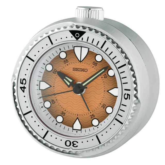Seiko Mai Modern Rotating Bezel Alarm Clock in Wave Orange #QHE207TLH kol saati