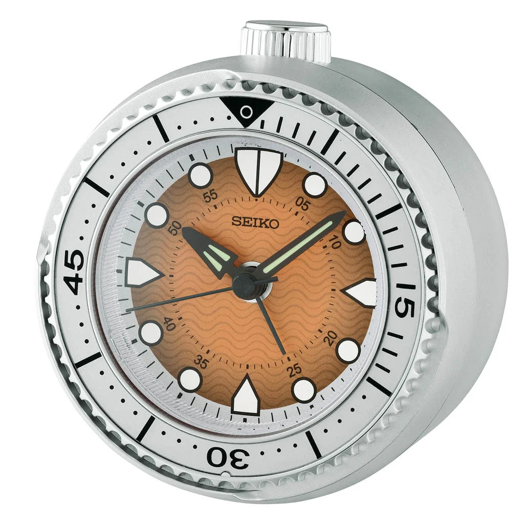 Seiko Mai Modern Rotating Bezel Alarm Clock in Wave Orange #QHE207TLH kol saati