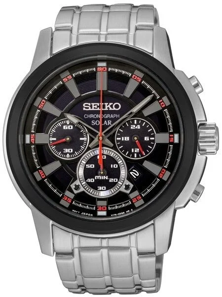 Seiko Black Dial, Solar Chronograph with Stopwatch and 24-hour Sub-Dial #SSC389 kol saati