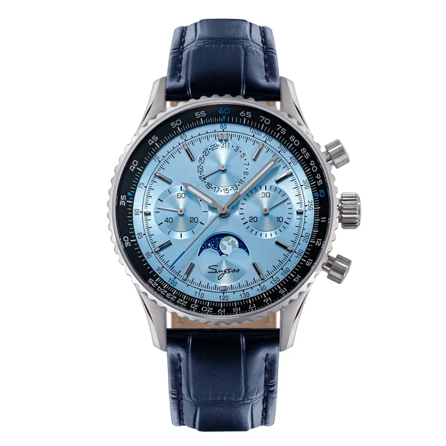 Sugess MoonPhase Chrono Master S468 Stainless Steel Case Light Blue kol saati