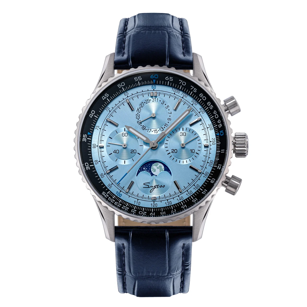 Sugess MoonPhase Chrono Master S468 Stainless Steel Case Light Blue 43 mm kol saati