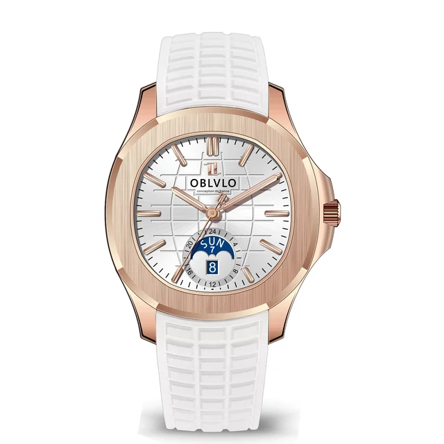 OBLVLO Rubber Strap,Rose Gold Bezel,White Dial FM Series,39mm,White Rubber Strap,Rose Gold