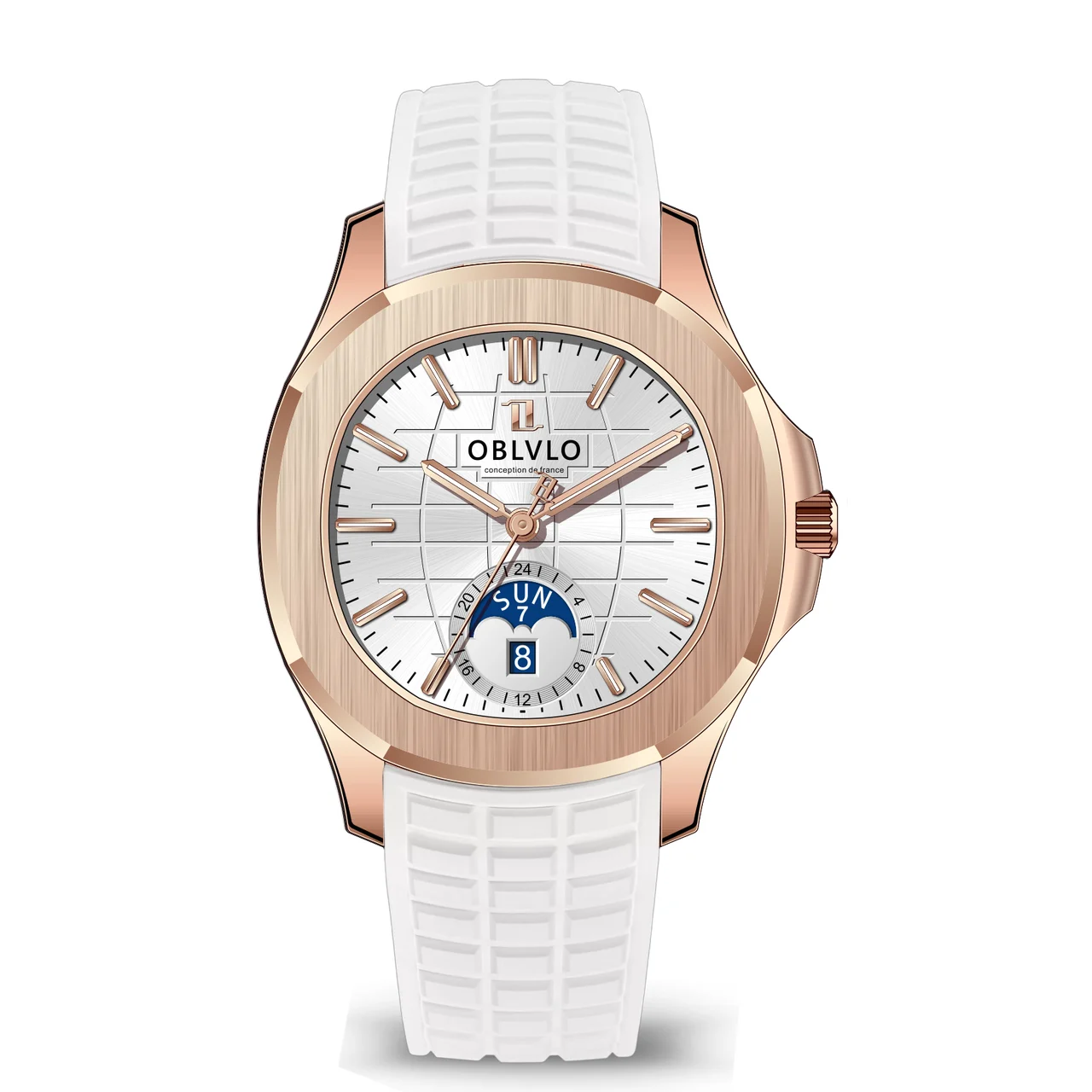 OBLVLO Rubber Strap,Rose Gold Bezel,White Dial FM Series,39mm,White Rubber Strap,Rose Gold Bezel,White Dial 39 mm kol saati
