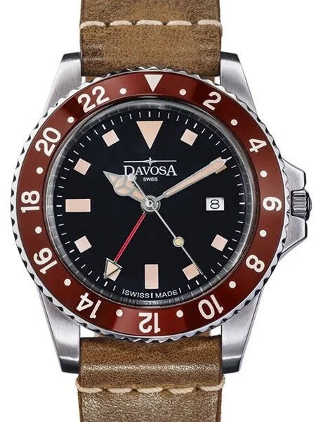 Davosa Vintage-Styled 100-Meter GMT Dual Time Watch with Black Dial #16250065 39 mm kol saati