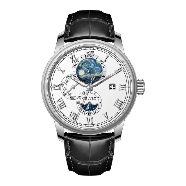 OBLVLO Leather Strap ,White Dial AM-FG-YWBL AM Series,42mm,Black Leather Strap ,White Dial
