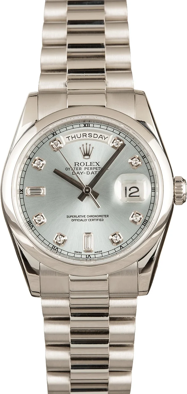 Rolex ROLEX, REF. 118206, DAY-DATE, PLATINUM A fine, heavy, self-winding, platinum day-date wristwatch with diamond indexes. kol saati