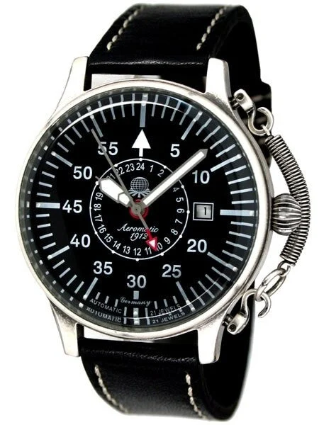 Aeromatic Automatic 24 Hour Watch, Black Dial and Spring Crown Guard #A1395 kol saati