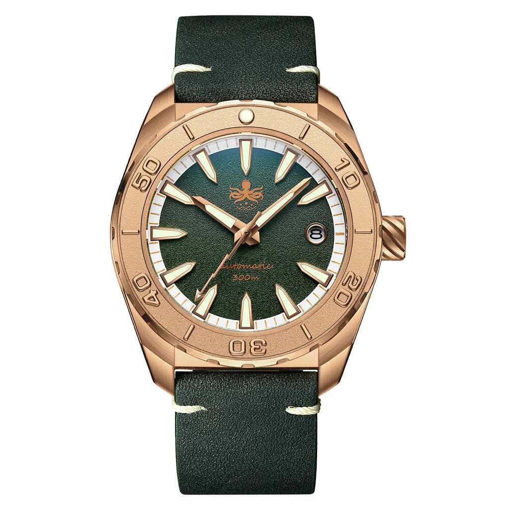 Phoibos Proteus Bronze 300M Dive Watch with Forest Green Dial #PY046A kol saati