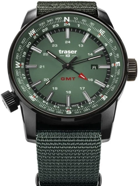 Traser Pathfinder GMT Swiss Quartz Watch with Compass, AR Sapphire Crystal #109035 kol saa