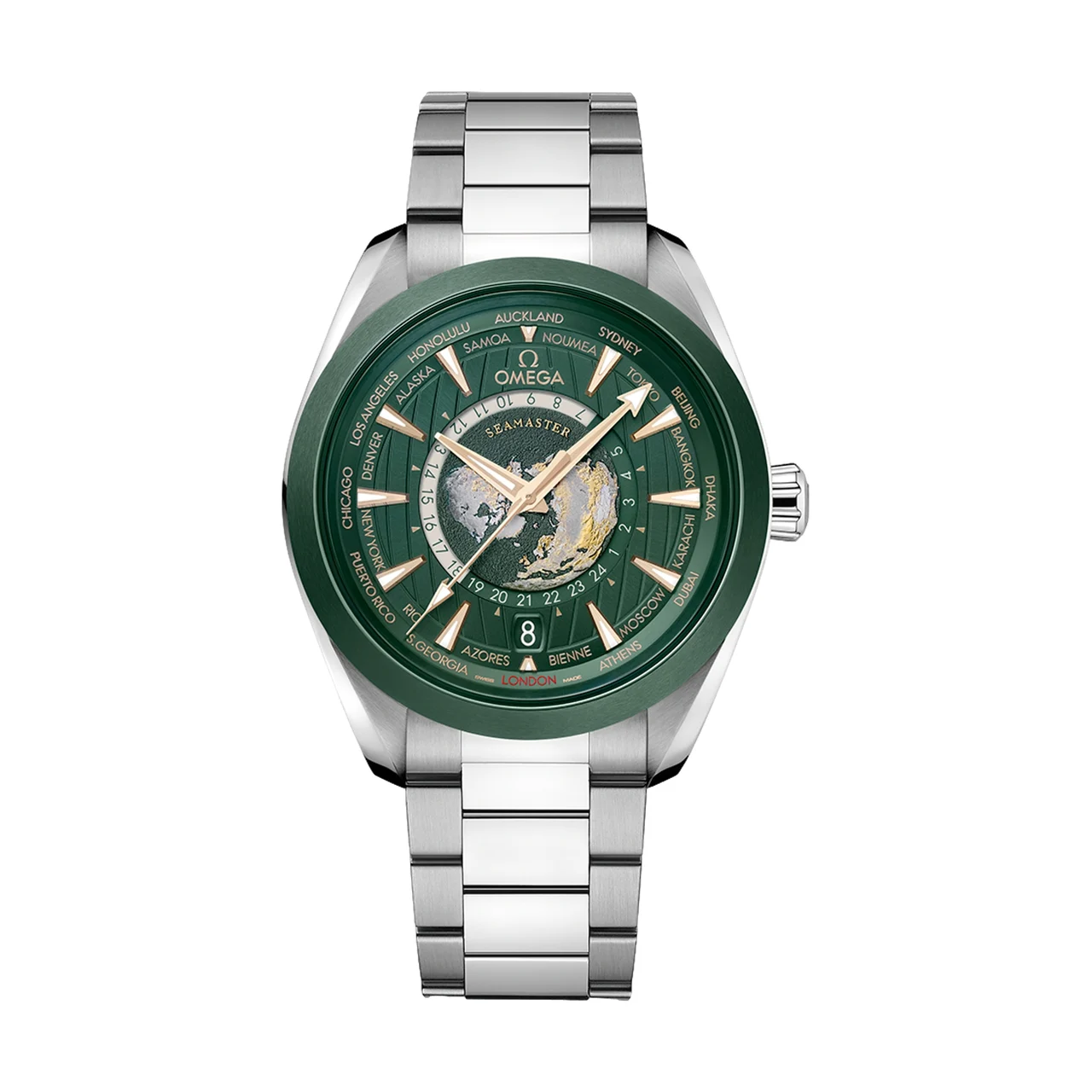 OMEGA Seamaster Aqua Terra 150M GMT Worldtimer 43mm - Green on Bracelet O22030432210001 43 mm kol saati