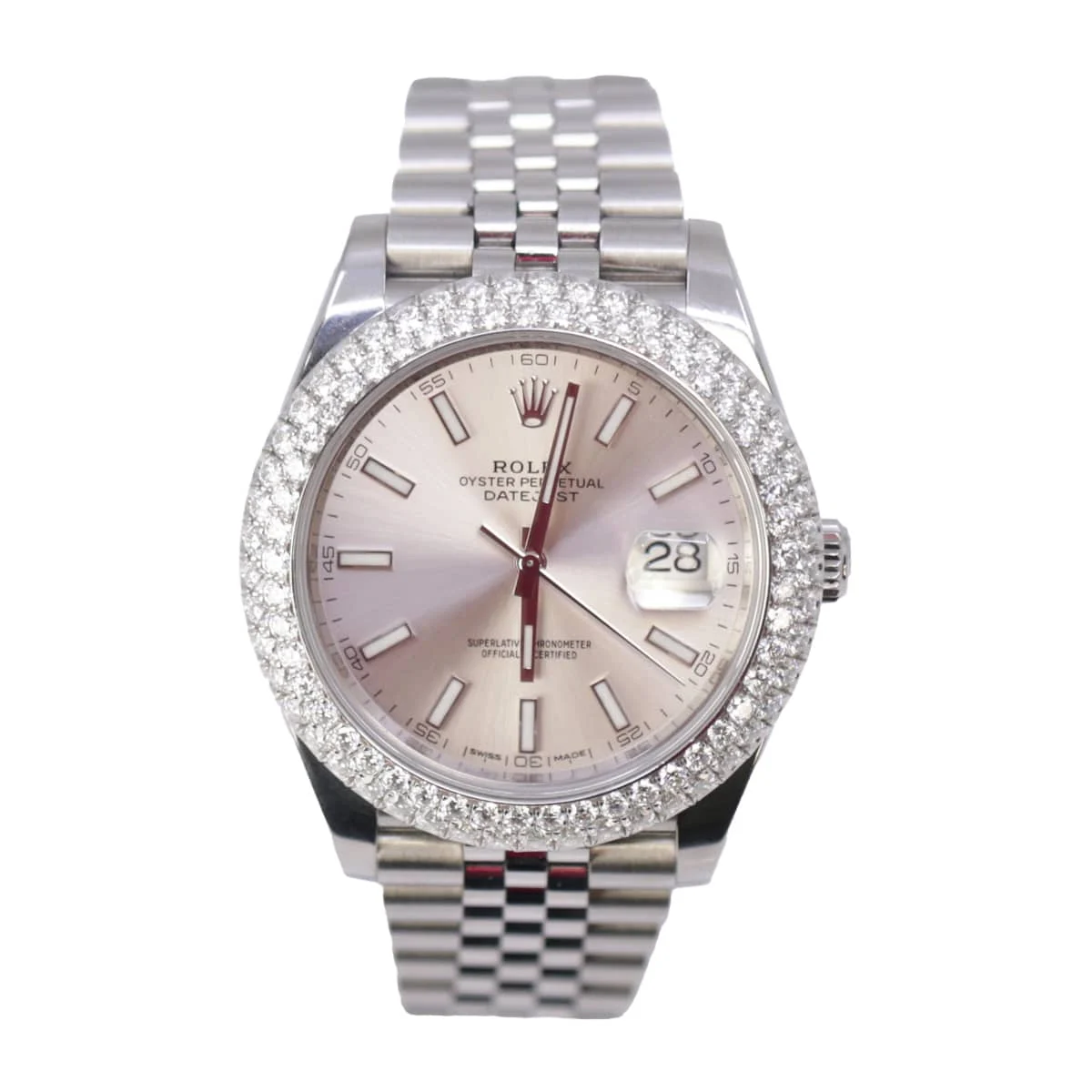 Rolex Silver Stick 41mm Dial Aftermarket Diamond Beze Rolex 126300 Silver Stick 41mm Dial Aftermarket Diamond Beze 41 mm kol saati