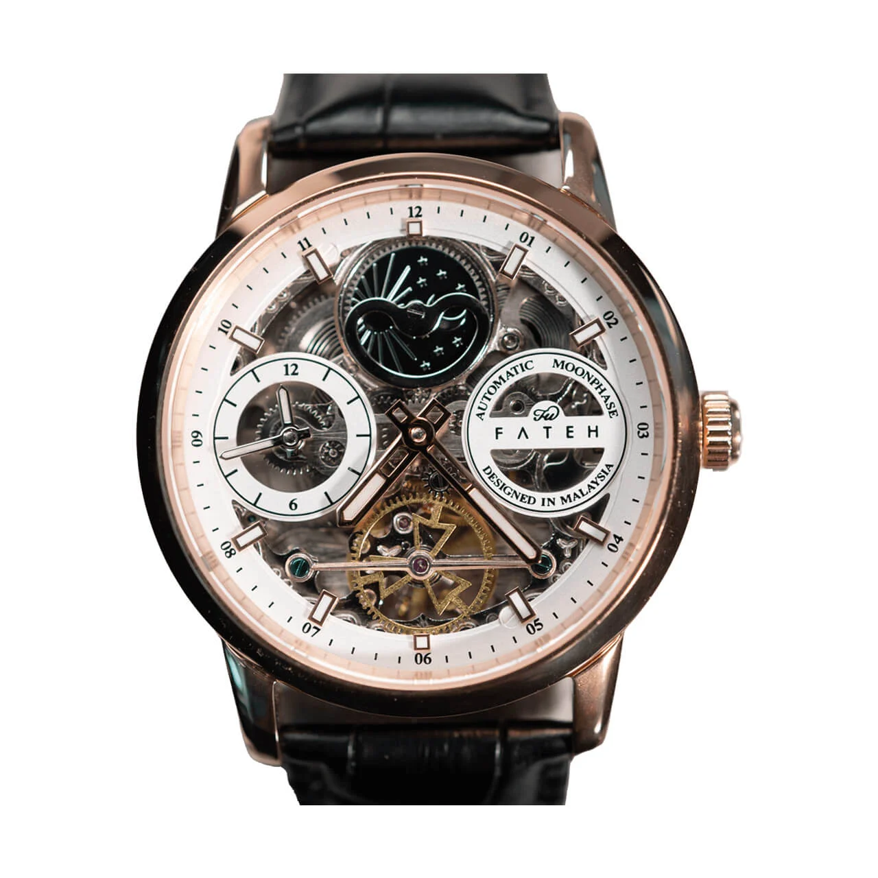Fatehwatches Automatic Moonphase Skeleton Strata Rose Gold White 42 mm kol saati