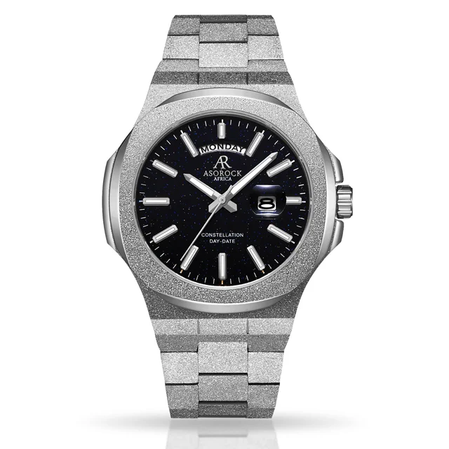 ASOROCK WATCHES Silver/Black Frosted Stardust Constellation Day Date kol saati