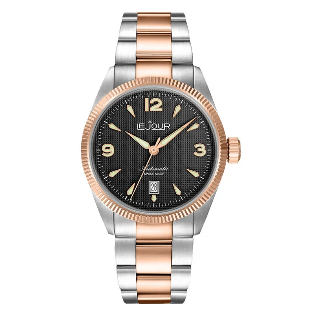 Le Jour Brooklyn Swiss Automatic Two-Tone Rose Gold Dress watch with Black Hobnail Dial #L