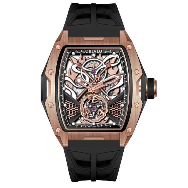 OBLVLO Rubber Strap,Rose Gold Dial ZM-NZ-BRRR ZM Series,46mm,Black Rubber Strap,Rose Gold