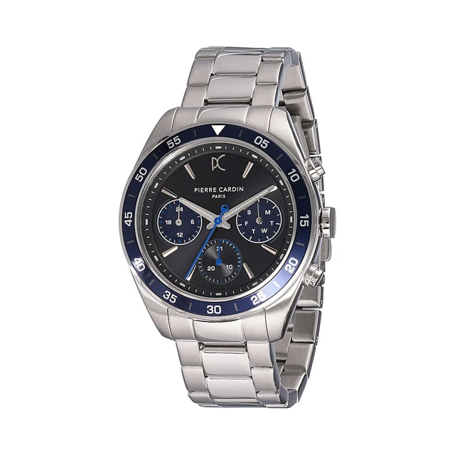 NATION Cristal Men’s 42mm Multifunction Watch - Silver Case, Black Dial with Blue Panda Ey