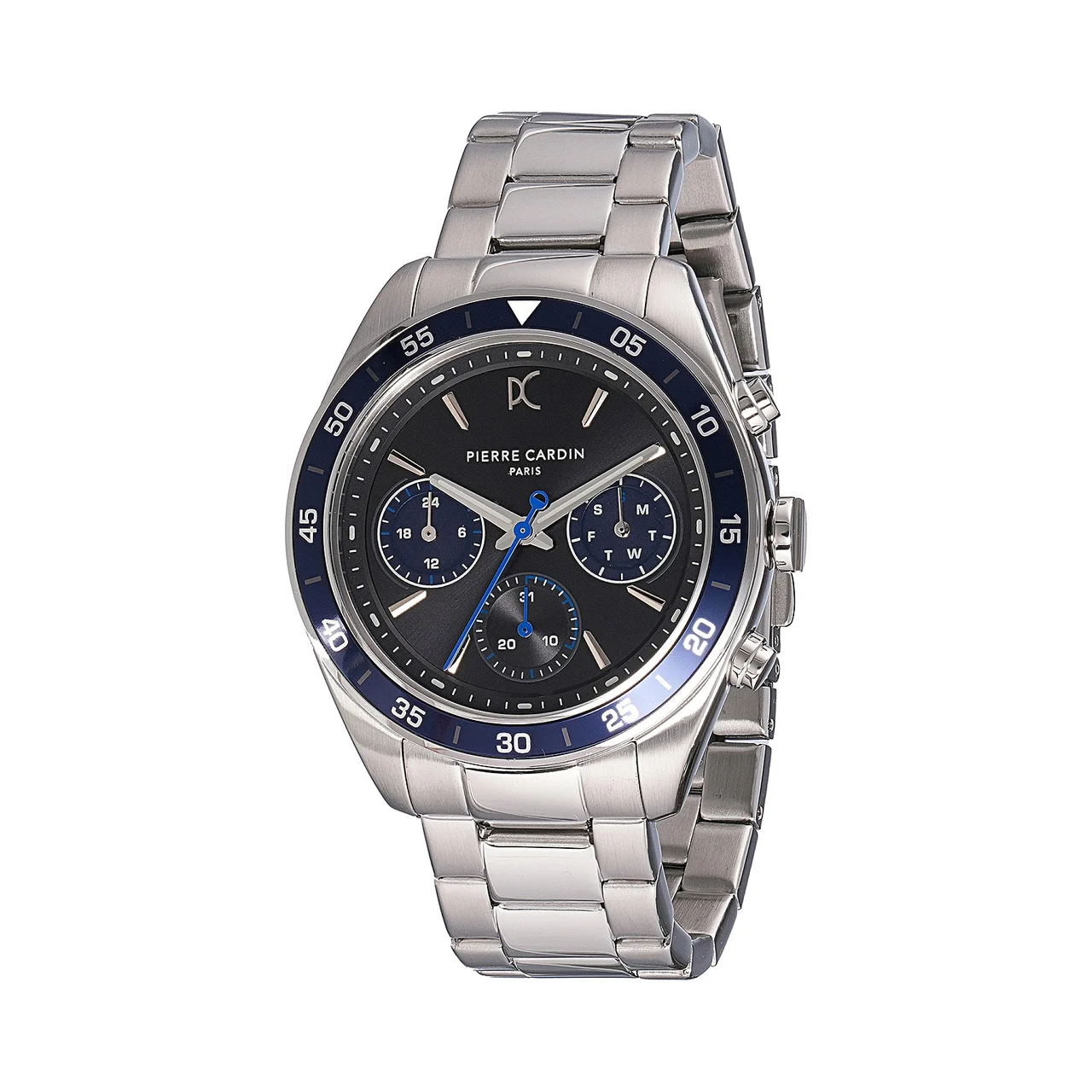 NATION Cristal Men’s 42mm Multifunction Watch - Silver Case, Black Dial with Blue Panda Eyes, Blue Bezel, and Silver Metal Strap CF.1004.MS.3 42 mm kol saati