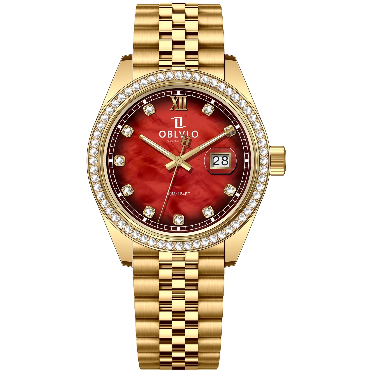 OBLVLO bezel,Gold Steel Strap ,Red Dial RX-P RX Series,39mm,diamond bezel,Gold Steel Strap ,Red Dial RX-P 39 mm kol saati