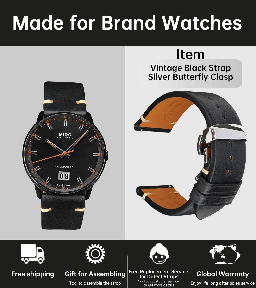 Wristfull High Quality Vintage Oil Wax Leather Watch Band 20mm 22mm 表带-LE01-黑色带扣-20mm 40 mm kol saati