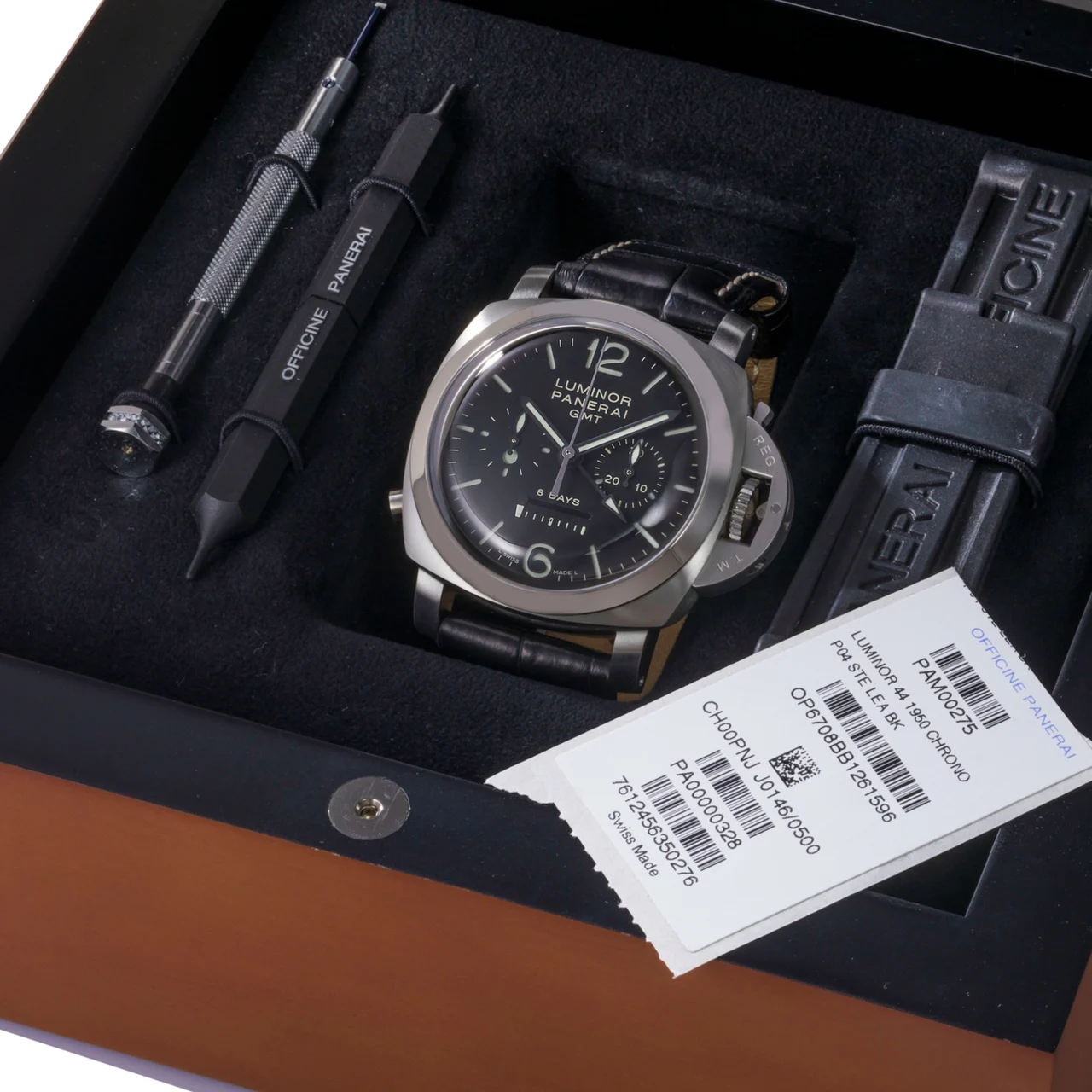 Panerai PANERAI REF. PAM00275 LUMINOR 1950 8 DAYS CHRONO MONOPULSANTE GMT, STEEL, J146/500 kol saati