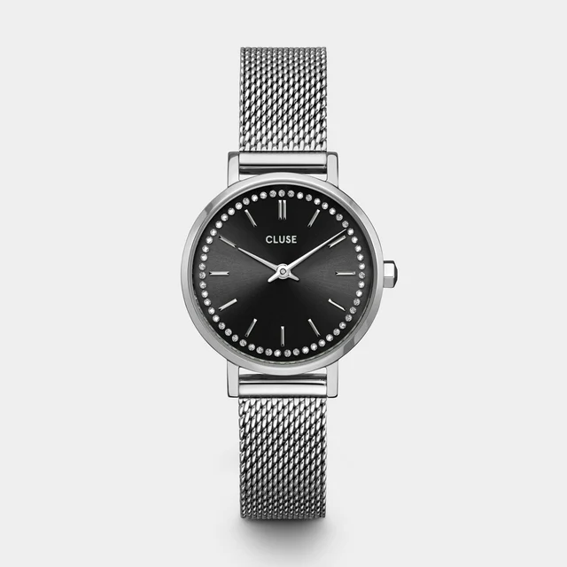 CLUSE Boho Chic Petite Watch Mesh Crystals, Black, Silver Colour CW10502 kol saati
