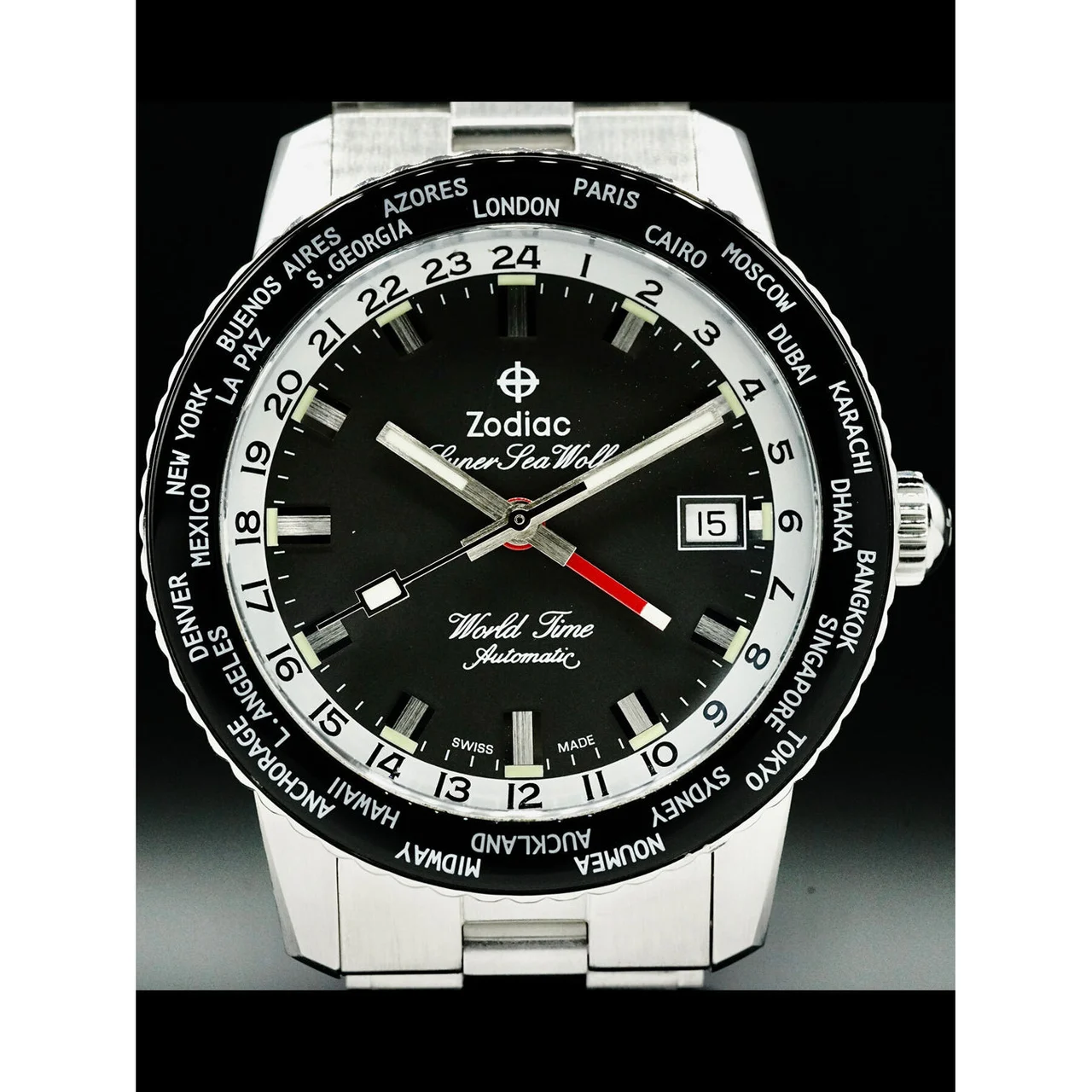 Zodiac Super Sea Wolf World Time GMT Black 210000040834 40 mm kol saati
