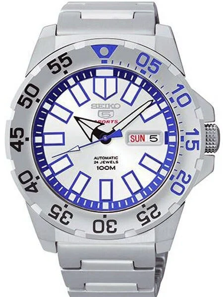 Seiko Sports 5 Automatic 24-Jewel Watch with Silver Dial and Blue Accents #SRP481K1 kol sa