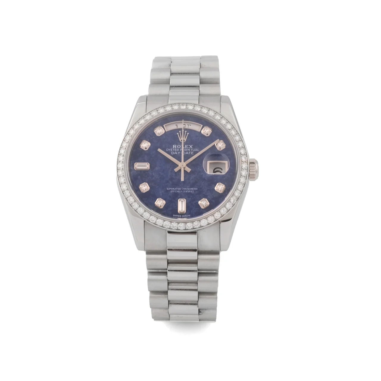 Rolex ROLEX, REF. 118346, DAY-DATE, FACTORY DIAMOND- BEZEL AND INDEXES, PLATINUM kol saati