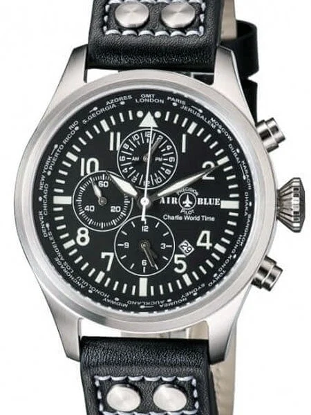 Air Blue Charlie World Timer Pilot Watch with Alarm, 44mm Case, Sapphire Crystal #CHARLIEWTSS 44 mm kol saati