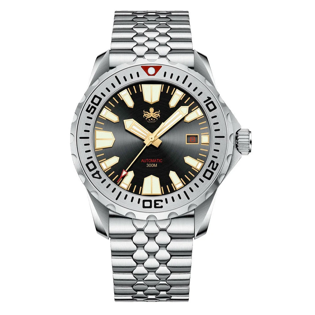 Phoibos Kraken 300 Meter Automatic Dive Watch with Sunray Black and Gold Dial #PY033D 41 mm kol saati