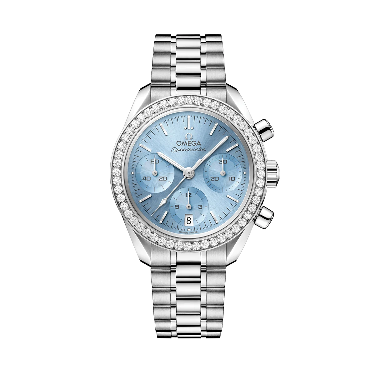 OMEGA Speedmaster Chronograph 38mm - Ice Blue, Diamond-Set Bezel on Bracelet O32415385003001 38 mm kol saati