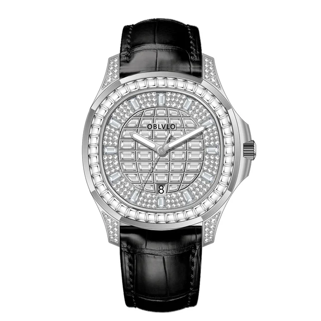OBLVLO Leather Strap ,White Dial FM-DSL-YWBL FM Series,40mm,Black Leather Strap ,White Dia