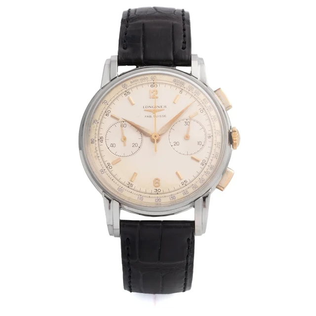 Longines Ref. 5966, fly-back “retour en vol” chronograph, minute counter, silver dial, cal