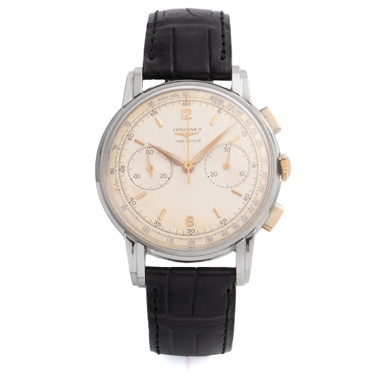 Longines Ref. 5966, fly-back “retour en vol” chronograph, minute counter, silver dial, calibre 30 CH; stainless steel kol saati