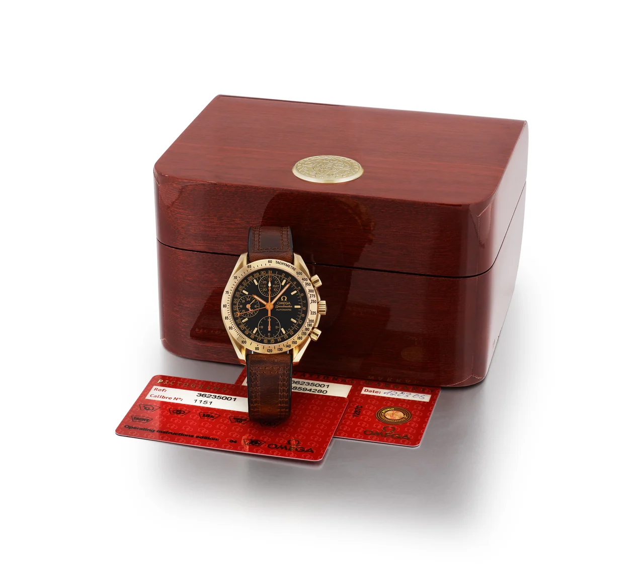 OMEGA Ref. 3623.5001, self-winding, chronograph, minute and hour recorders, triple date à guichets, black dial; “Speedmaster Automatic”; 18K pink gold kol saati