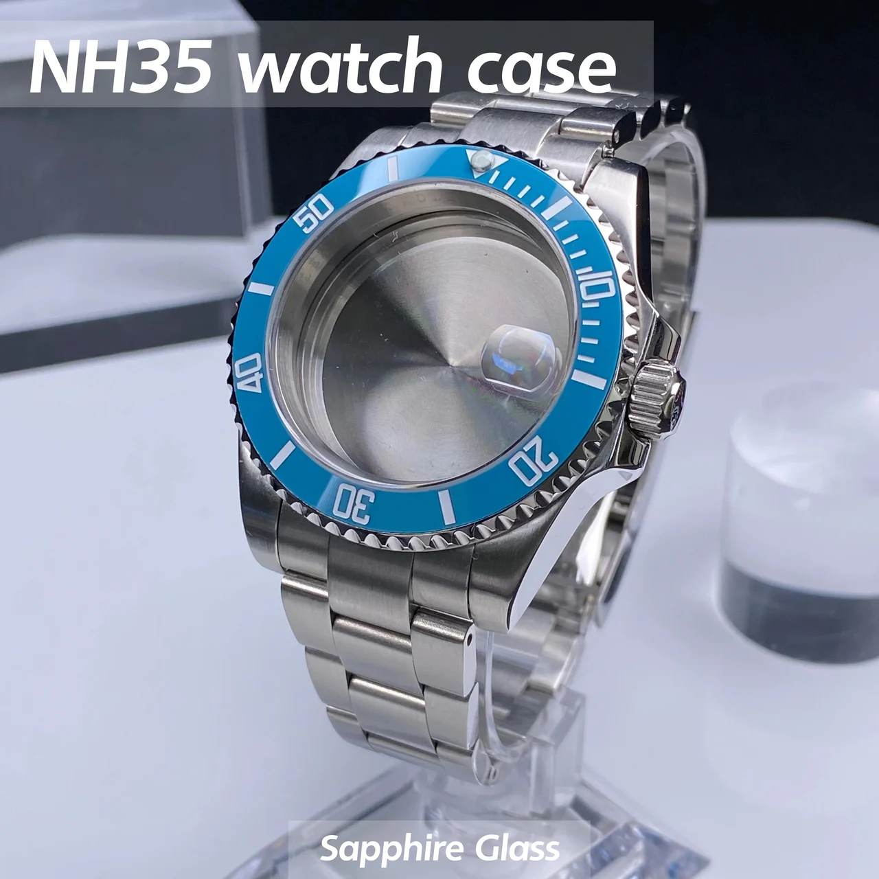 Tandorio Sub Watch Case NH35 sliver 40mm GMT/SUB 120 clicks Stainless Steel Sapphire Glass fit nh34 nh35 nh36 movement 28.5mm Date Dial 14:202452819#SUB Ceramic Bezel;200000046:201718821#Solid back cover 40 mm kol saati