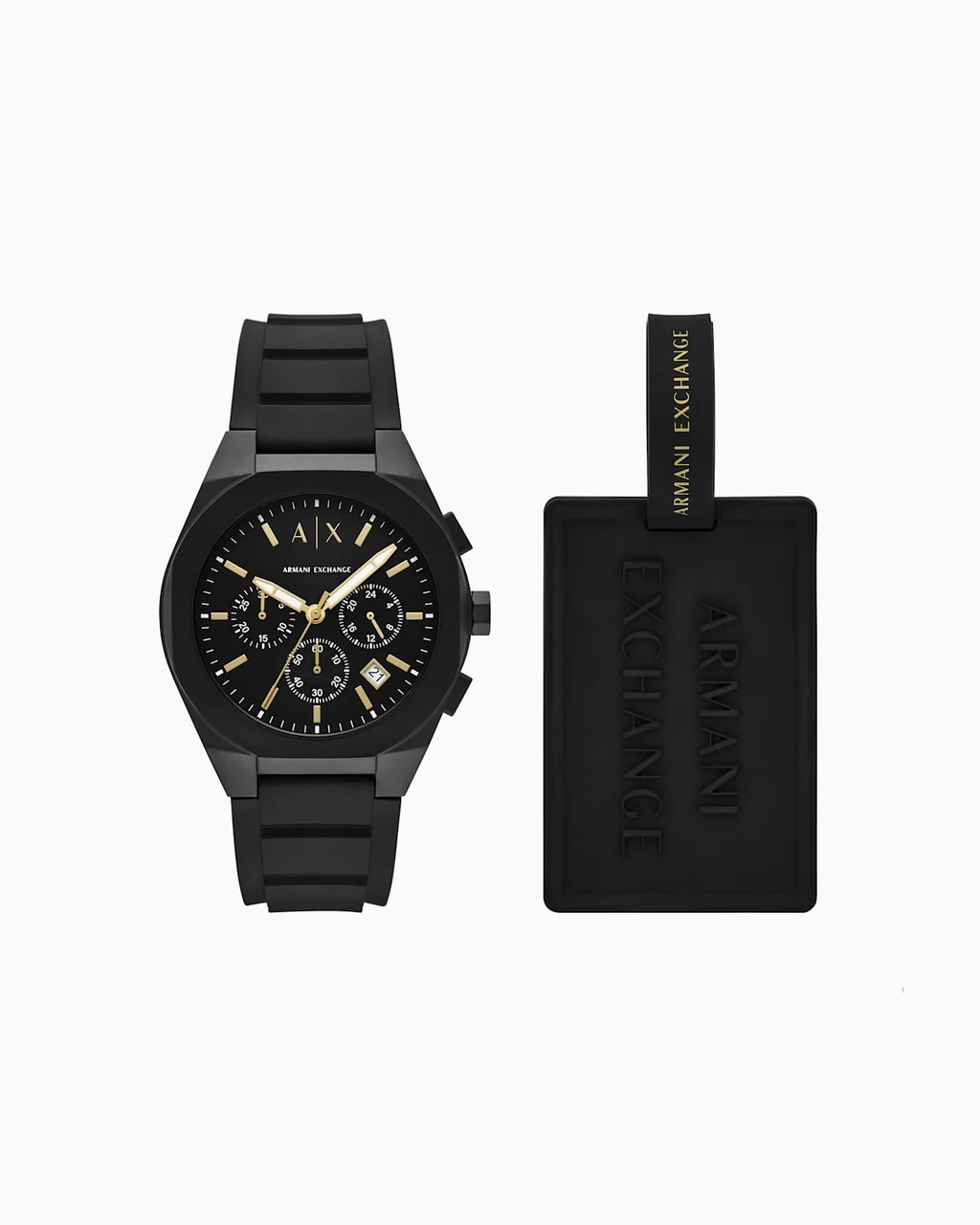 Armani Exchange Chronograph Black Silicone Watch and luggage tag AX7165SET 42 mm kol saati