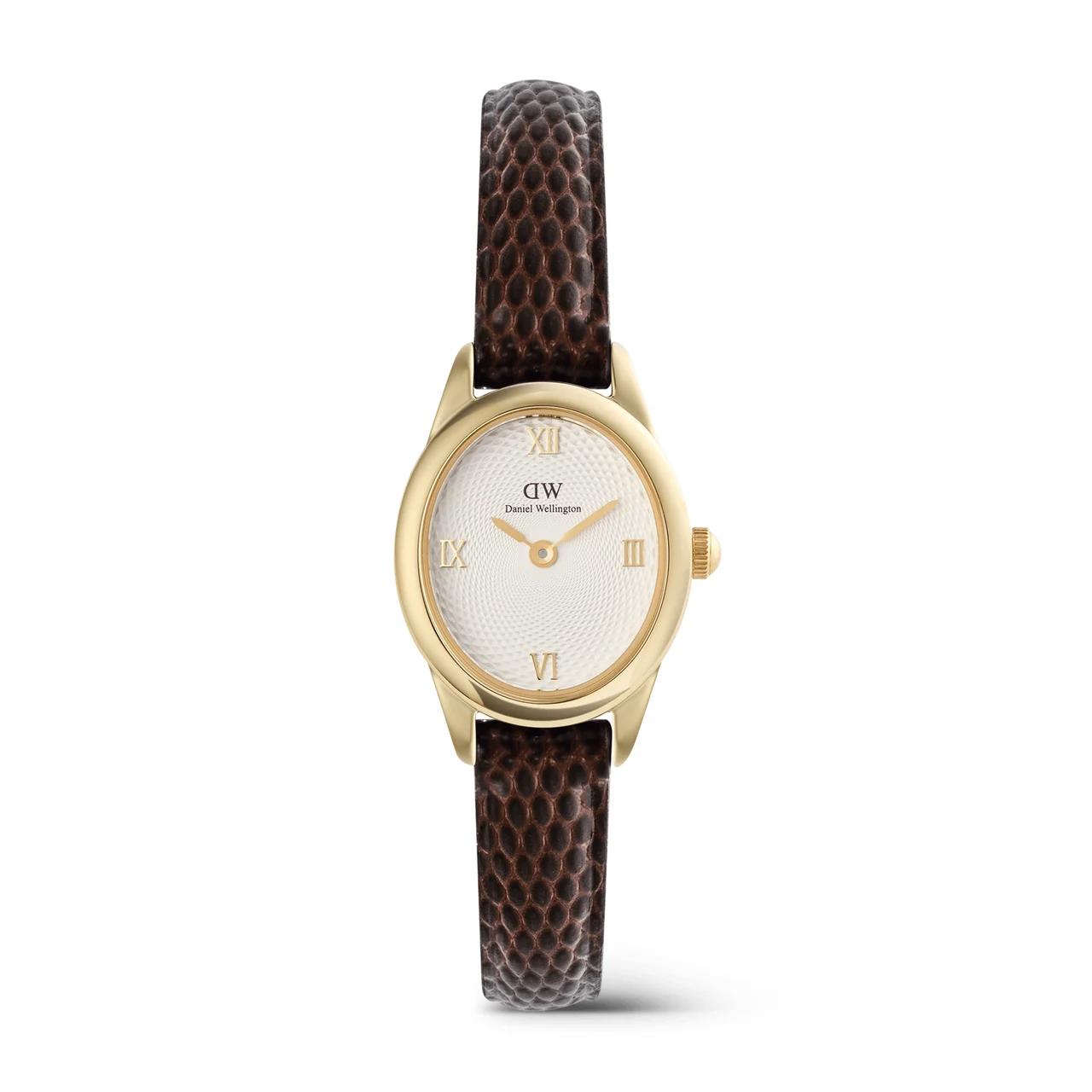 DANIEL WELLINGTON Ophelia Mini Dark Brown Lizard White Guilloché Gold DW00100891 kol saati
