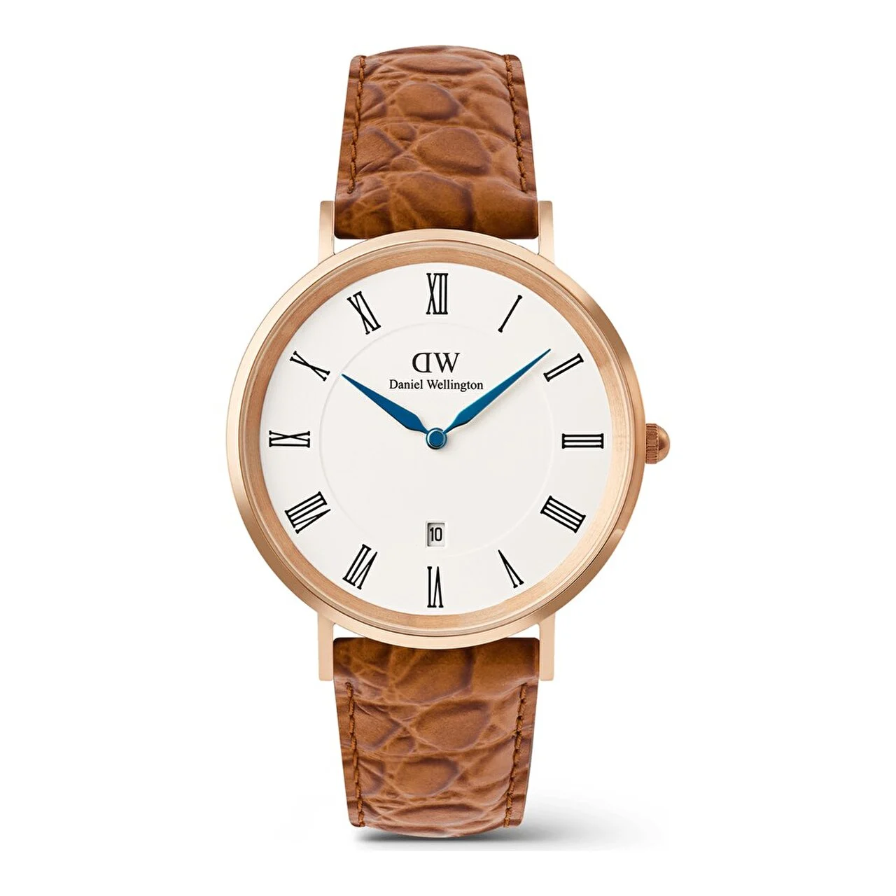 DANIEL WELLINGTON Classic Roman Numerals Date Light Brown Croc Belly Rose G DW00600918 40 mm kol saati