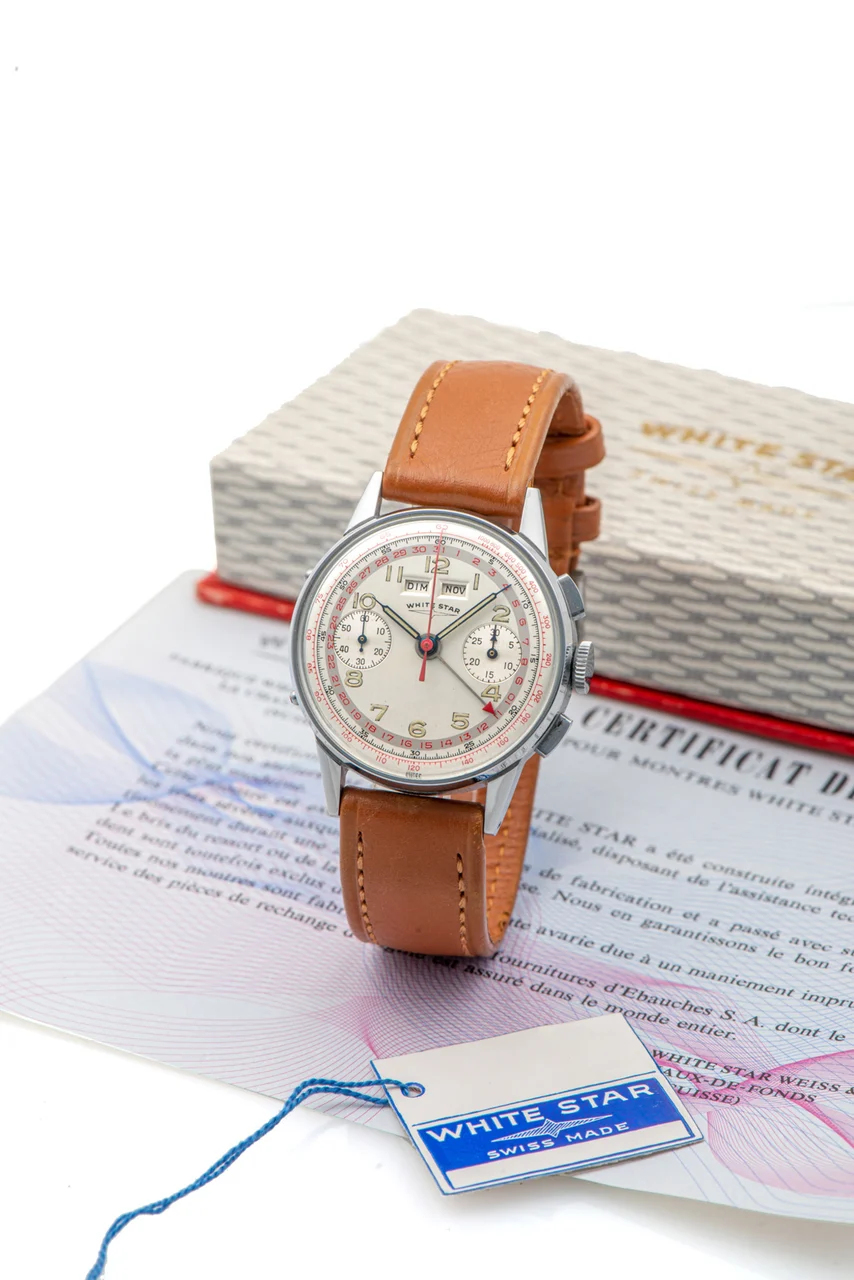 White Star WHITE STAR, REF. 14.021, TRIPLE DATE CHRONOGRAPH, TWO-TONE DIAL, CHROME AND STEEL, NEW OLD STOCK kol saati