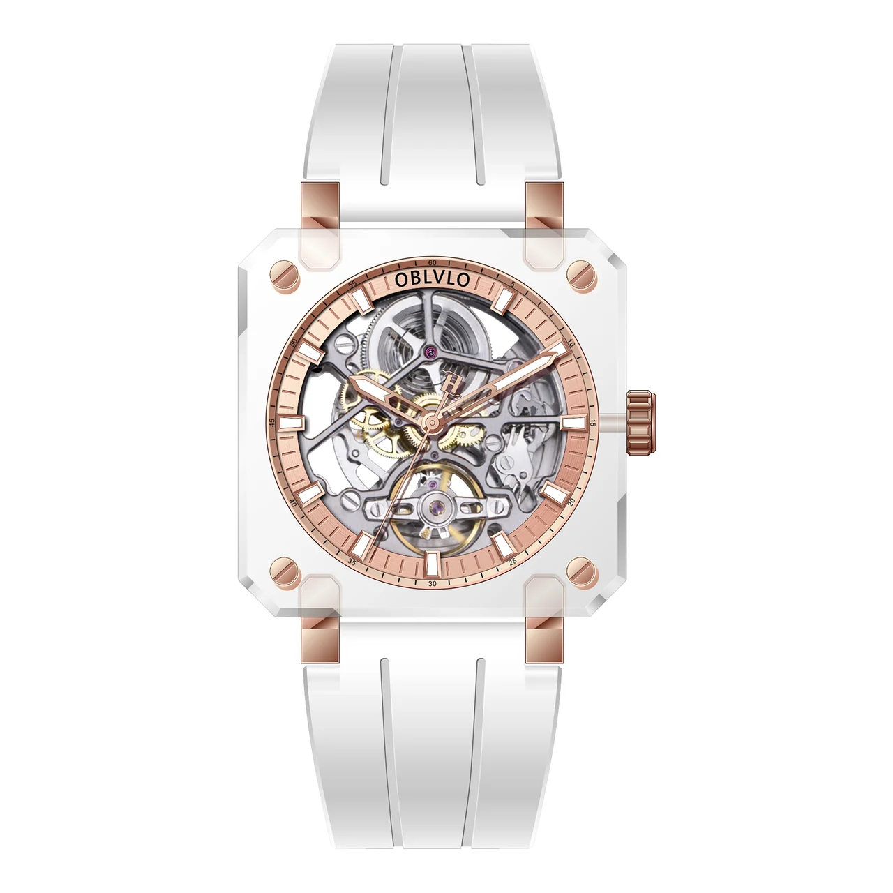 OBLVLO BRM Series,42mm,White Rubber Strap ,Rose Gold Dial BRM-IPWR 42 mm kol saati