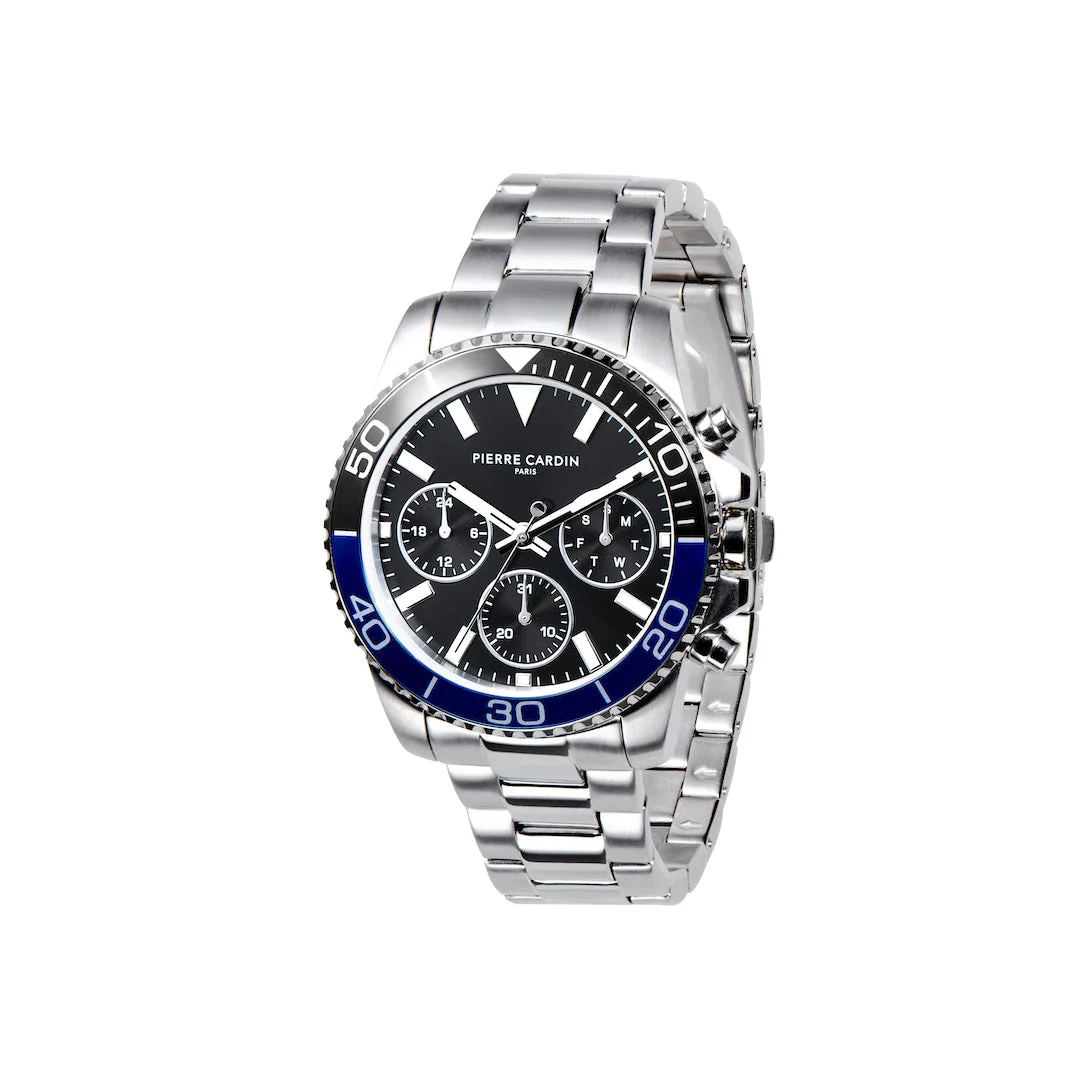 NATION Posh Multifunction watch with Black Dial and Blue Black bezel with a Metal Links Strap CNI.0009 40 mm kol saati