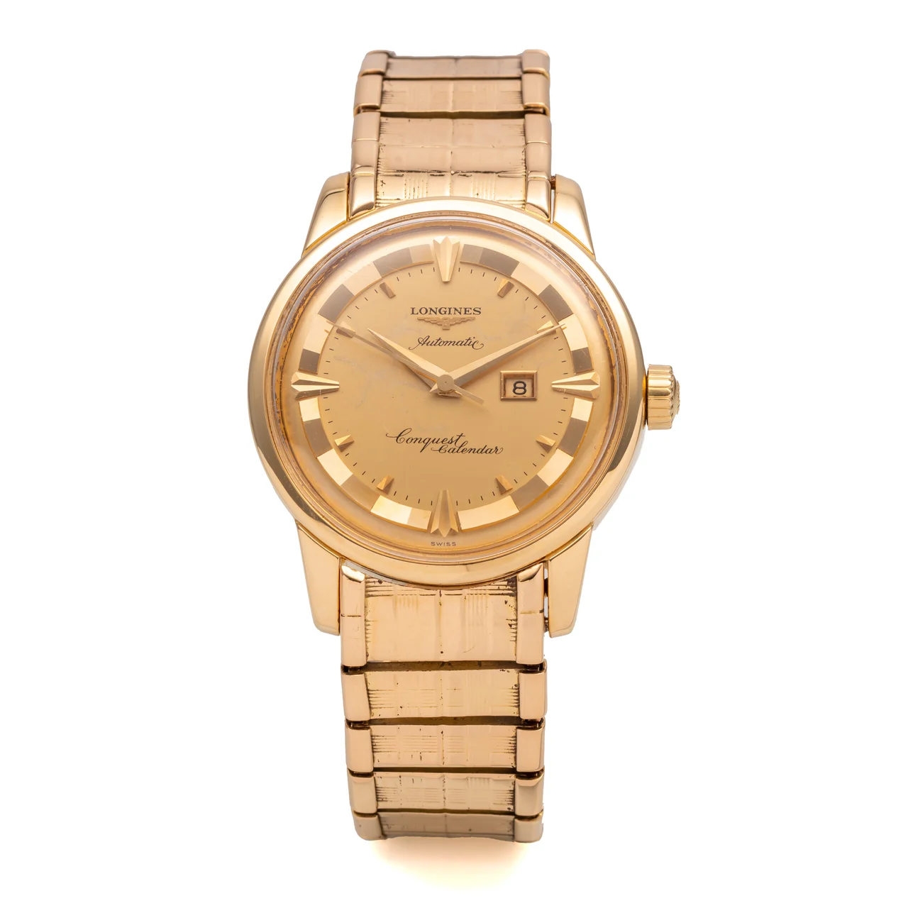 Longines LONGINES REF. 9005, SELF-WINDING, CENTRE-SECONDS, DATE, GOLD DIAL, GAY FRÈRES BRACELET; “CONQUEST CALENDAR”; 18K YELLOW GOLD kol saati