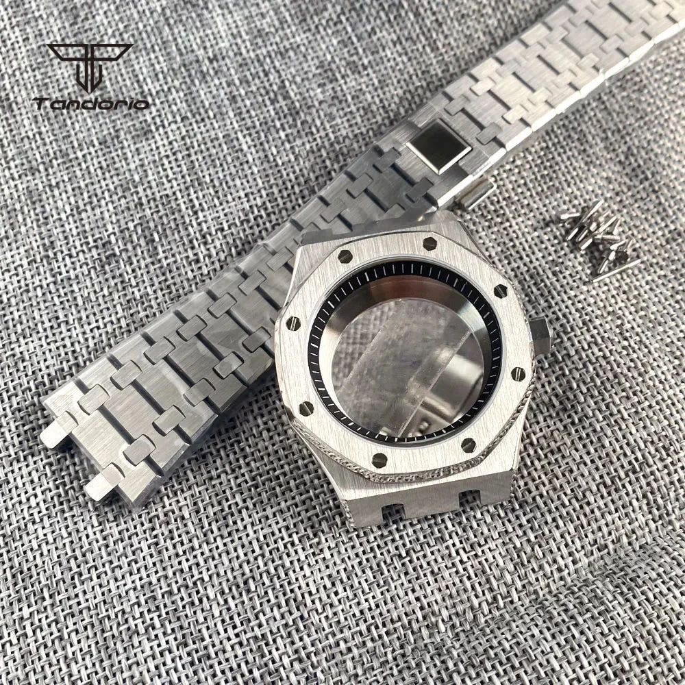 Tandorio Royal Oak AP Case Stainless Steel Brushed Octagon Watch Case Bracelet Glass Back Chapter Ring Sapphire Glass Fit NH35 NH36 Automatic Movement 14:365462#yellow strap 42 mm kol saati