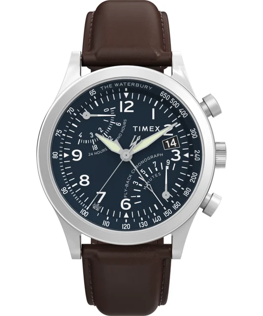 Timex Waterbury Traditional Fly Back Chronograph 43mm Leather Strap Watch TW2W47900 kol sa